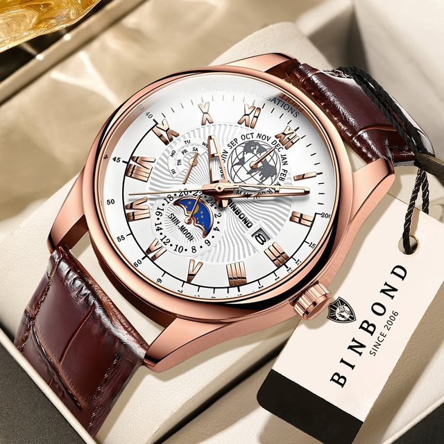 BINBOND Armbanduhr Quarz, Leder, Roségold, Weiß, Herren - Bild 1