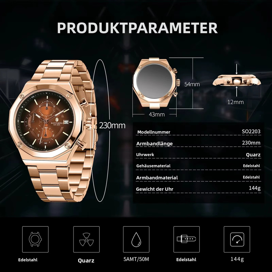 SAPHERO Chronograph, Quarz, Edelstahl, Schwarz, Roségold, Herren - Bild 6