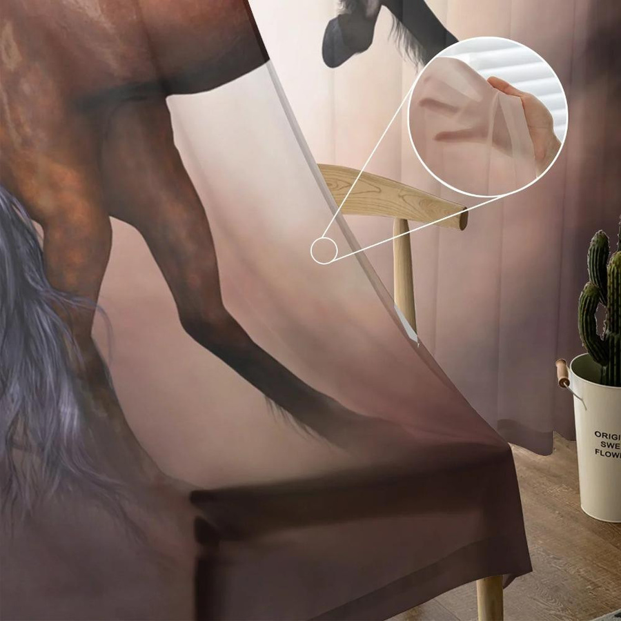 Yiran Furniture Transparentes Voile-Fenstervorhang mit Pferdemotiv in Braun, Organza-Tüll für Wohnzimmer und Schlafzimmer, B: 135 cm, H: 115 cm - Bild 1