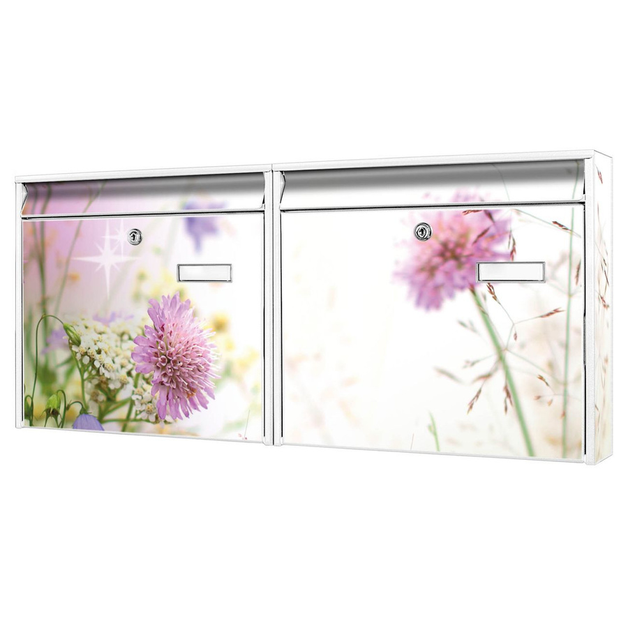 banjado Burg Wächter Briefkastenanlage für Mehrfamilienhäuser in Weiß, verzinkt und lackiert mit Wiese Blumen Motiv, H: 72,5 cm, B: 32,2 cm, T: 10 cm - Bild 1