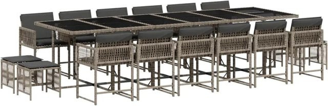 vidaXL 17-tlg Garten-Essgruppe aus Poly Rattan mit Kissen und Hartglas in Grau - Bild 1