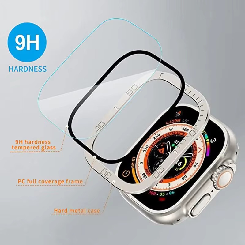 CAOWTAN Displayschutzfolie für Apple Watch Ultra 3 49mm, Metallrahmen, gehärtetes Glas, Silber - Bild 2