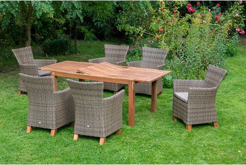 Merxx Gartenmöbelset Toskana 13-teilig aus Akazienholz in Natur mit beige Auflagen - Bild 1