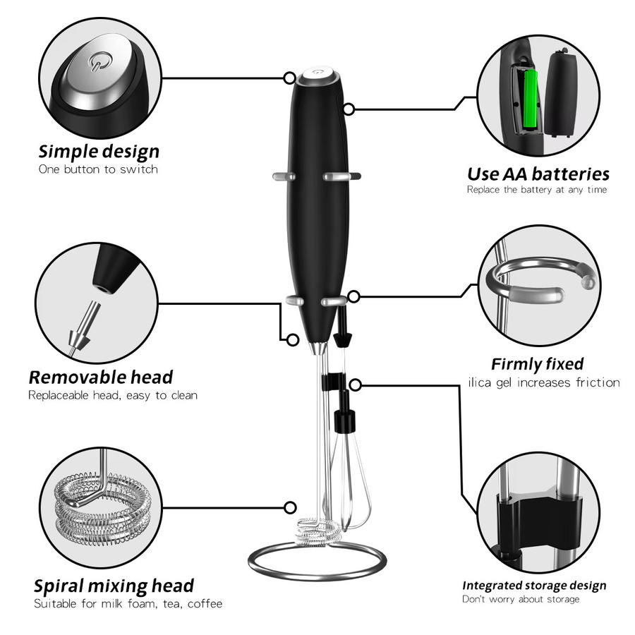OFENGIQ Elektrischer Handmixer und Milchaufschäumer mit Ständer, batteriebetrieben, Schwarz und Weiß - Bild 2