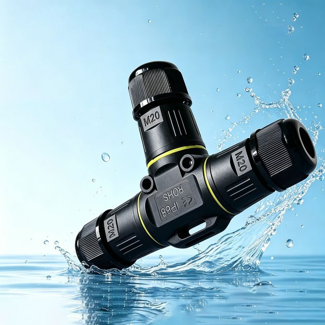 IP68 Kabel-Wasserdichtverbinder in Schwarz als T-förmiger Dreiwege-Verteiler für Outdoor-LED-Verdrahtung - Bild 1