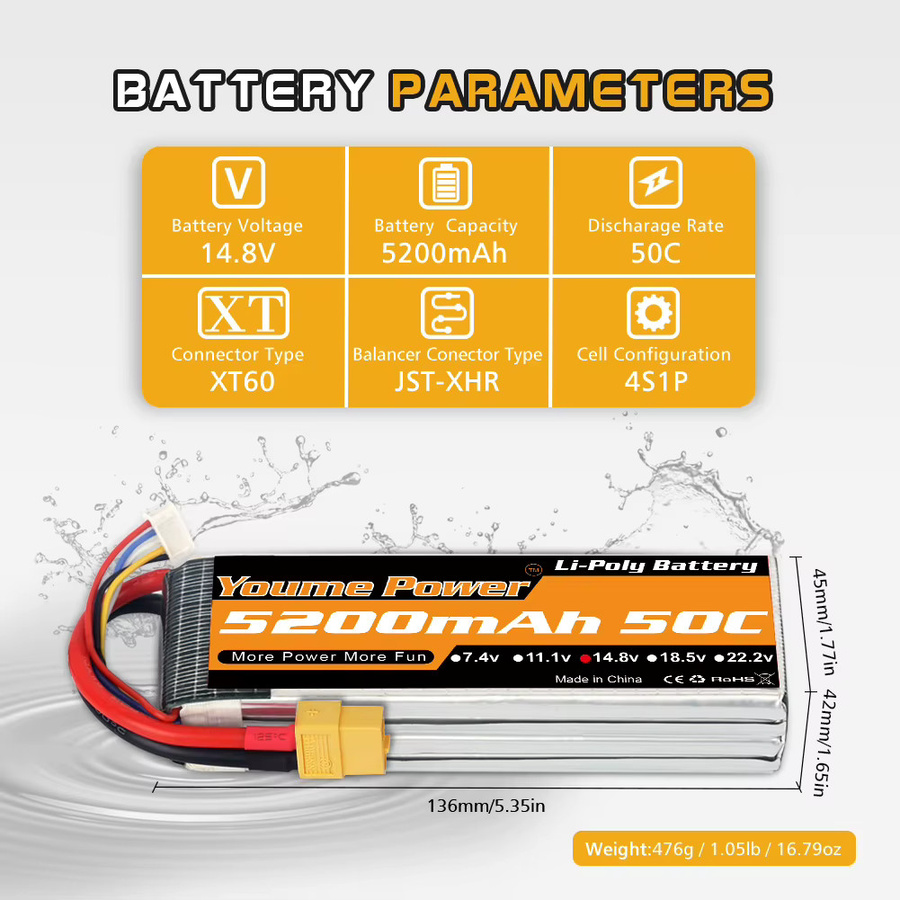 Youme 4S LiPo Akku 14,8V 5200mAh 50C mit XT60 Anschluss für RC FPV Flugzeuge, Drohnen, Racing-Modelle und Boote - Bild 2