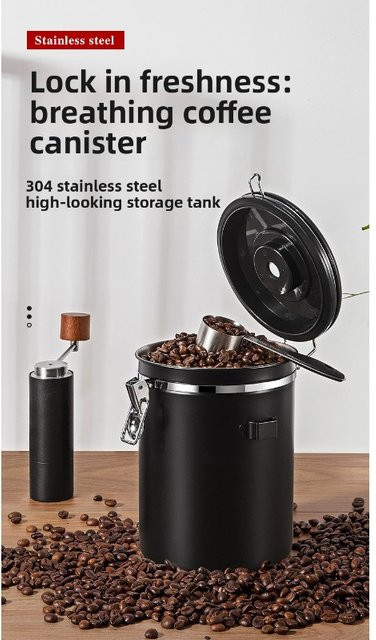 Binco Kaffeebohnen-Lagertank aus Edelstahl mit Einweg-Auslassventil in Silber und Schwarz - Bild 1