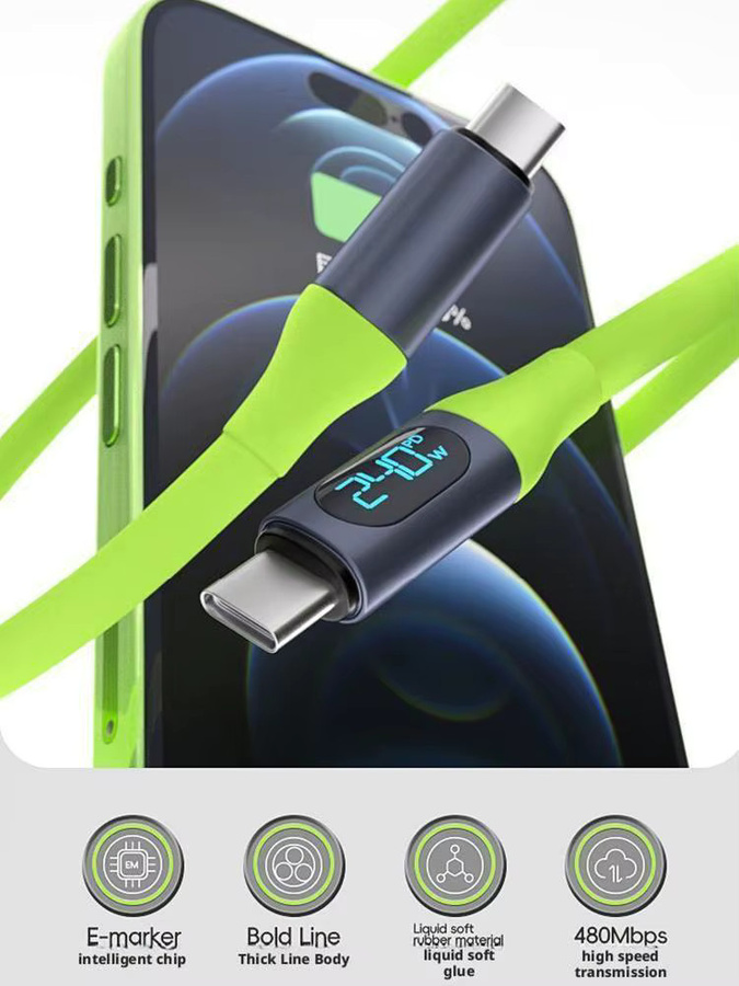 Grünes USB-C-Ladekabel mit Silikon-Digitalanzeige und 240W Schnellladefunktion für iPhone 15 16, Xiaomi, Samsung und Huawei - Bild 6