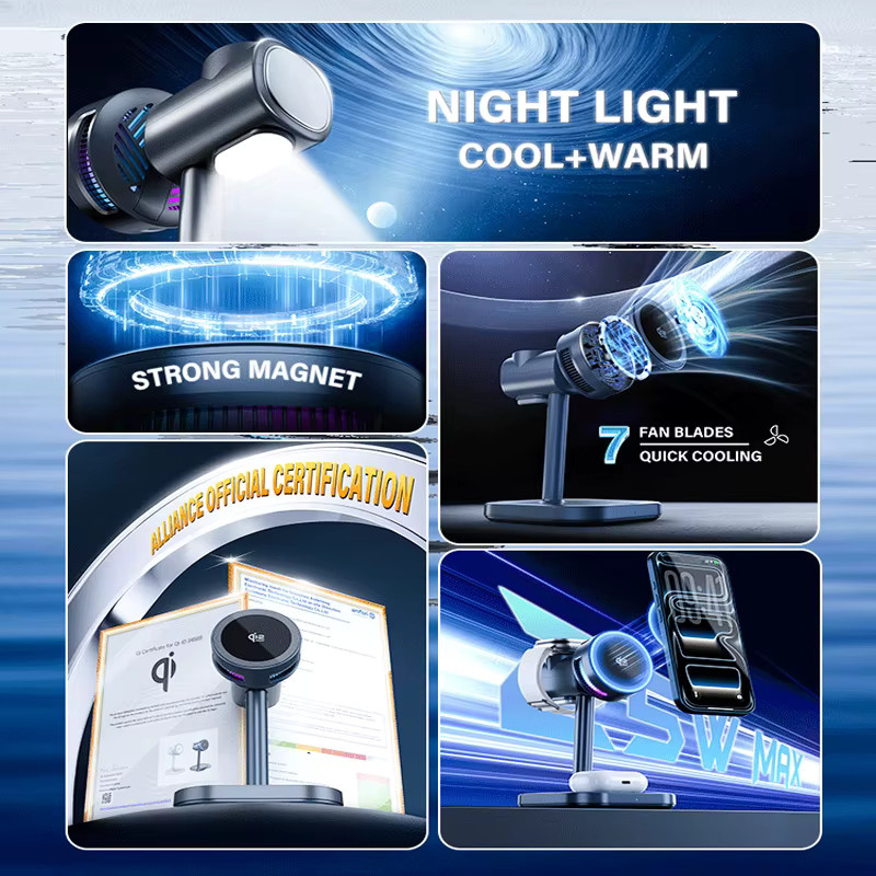 VIKEFON ICE Cooling Qi2 Rotierender Magnetischer Kabelloser Ladeständer Schwarz für iPhone, Apple Watch und AirPods - Bild 3