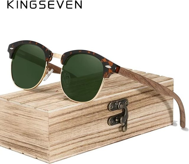 KINGSEVEN Sonnenbrille, randlos, quadratisch, Holz, schwarz, Unisex, polarisiert, verspiegelt - Bild 1