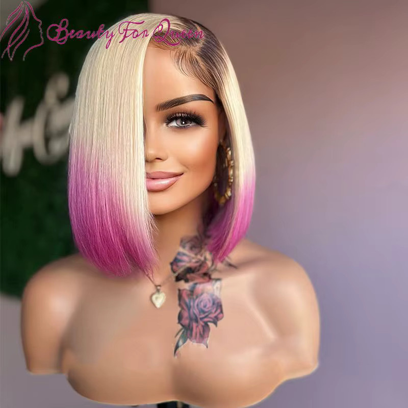 Nfhrsoe Bob-Schnitt-Perücke, Honigblond, Ombre-Rosa, Echthaar, Spitze-Front - Bild 2