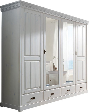 Kleiderschrank Skagen aus massiver Kiefer in Weiß mit 4 Türen und Glaselementen