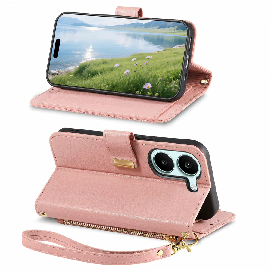 Xiaomi Poco X8 Pro Max X8 Pro X7 Handyhülle aus PU-Leder mit Kartenfach und Handgelenkriemen in Pink - Bild 3
