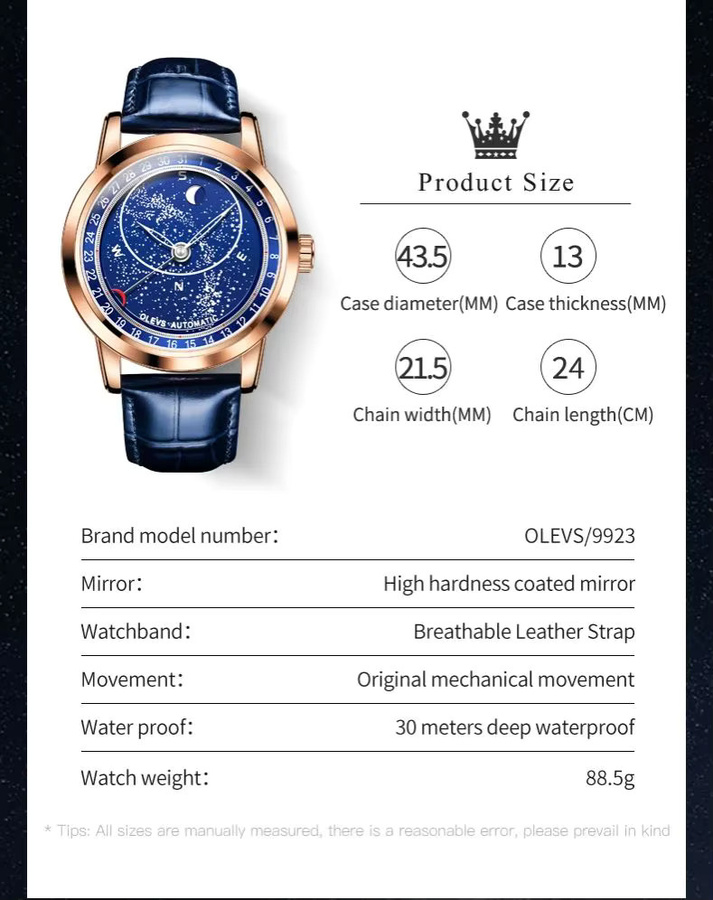 OLEVS Armbanduhr Automatik, Edelstahl, Leder, Blau, Mondphase, Kompass, Herren - Bild 6
