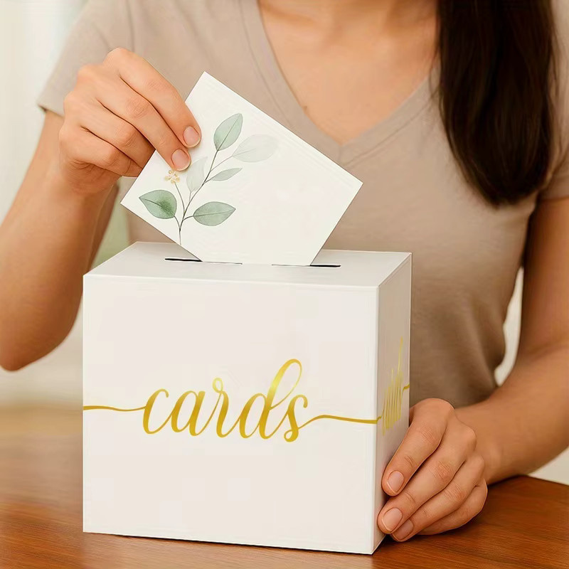 Set mit 10 weißen Hochzeitskarten mit Goldfolien-Design und passender Box für Abstimmungsspiele bei Hochzeiten, Babypartys oder Empfängen - Bild 1
