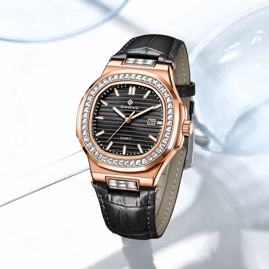 LIGE Armbanduhr, Quarz, Diamantbesetzt, Leder, Damen, Schwarz, Roségold - Bild 2