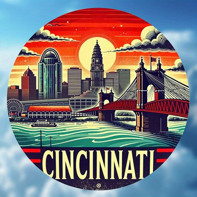 Potdemiel Vintage Cincinnati Skyline Rundes Aluminiumschild, Durchmesser: 20,3 cm, Mehrfarbig - Bild 1
