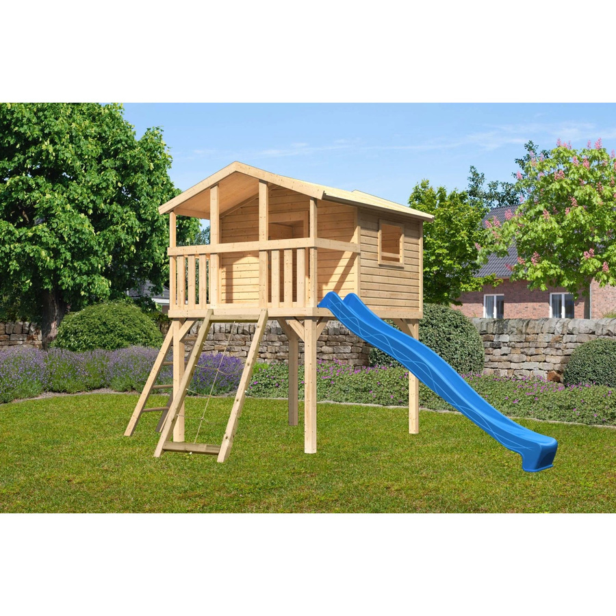 Karibu Stelzenhaus Benjamin Naturbelassen mit Leiter, Netzrampe und Rutsche in Blau und Natur-Braun, B/H/T: 225 x 309 x 250 cm - Bild 2