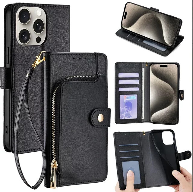 Leder-Handyhülle mit Reißverschluss und Lanyard als Brieftasche und Flip Cover für iPhone Modelle in Schwarz oder Braun - Bild 1