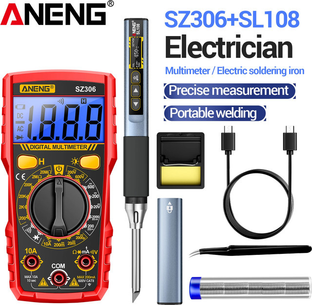 ANENG Lötkolben-Set mit Digitalmultimeter in Rot, einstellbare Temperatur, PD QC 96 W, Messung von Wechselspannung, Strom und Widerstand - Bild 1