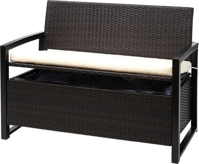 MCW Poly-Rattan 2er Sitzbank F39 als Gartenbank und Truhenbank mit Staufach in Braun mit beigen Kissen, B/T/H: 160 x 57 x 87 cm - Bild 1