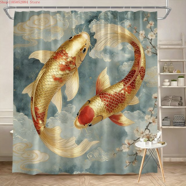 Wasserdichter Duschvorhang von BEAST KINGDOM mit goldenem Koi-Fisch und Kirschblüten Design in Gold und Nature - Bild 1