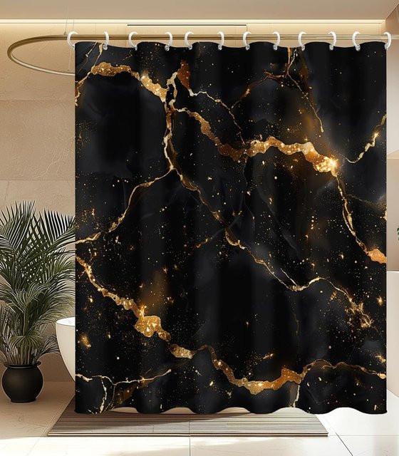 Monika Chen Duschvorhang mit Schwarz-Gold Marmor-Effekt und funkelndem Muster, wasserdicht und schimmelresistent, B: 200 cm, H: 180 cm - Bild 1