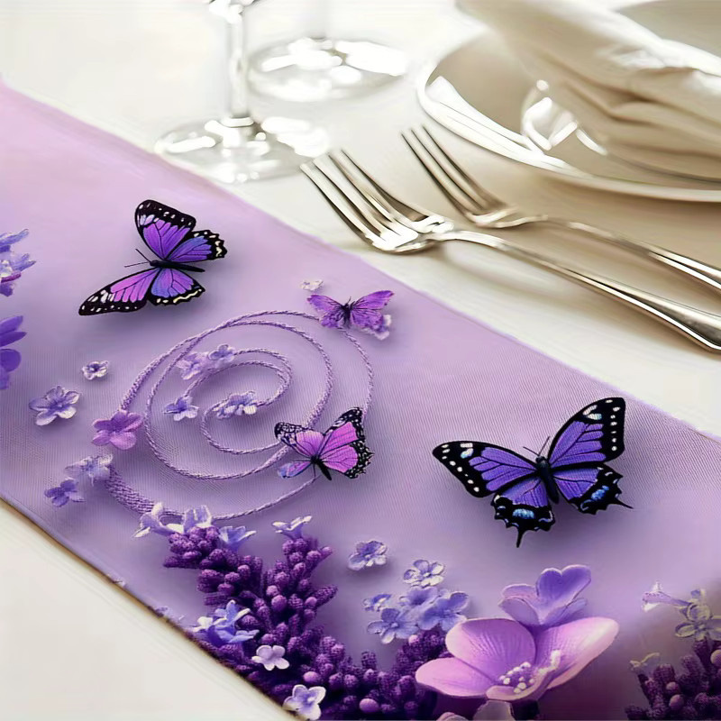 VIKAMA Tischläufer mit Schmetterlings- und Blumenmuster in Lila, B/H: 180 x 30 cm - Bild 2