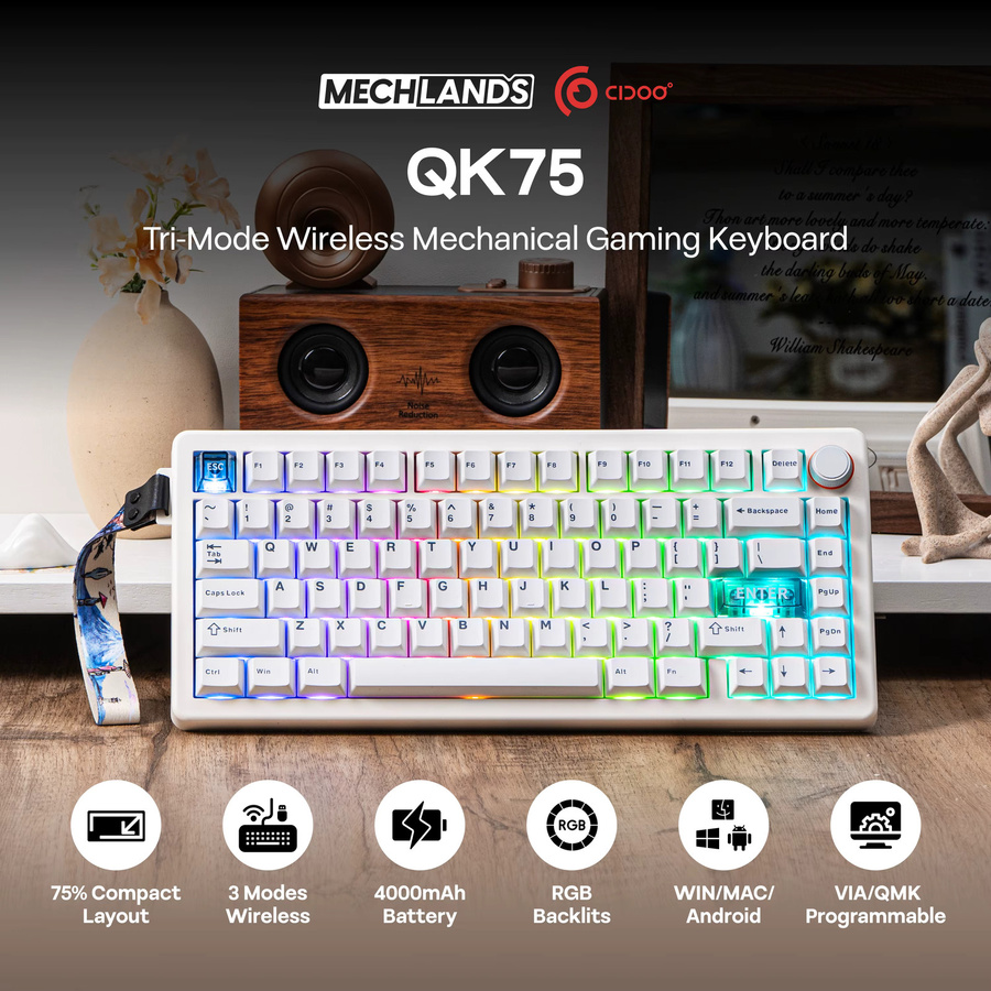 CIDOO QK75 Mechanische Tastatur 75 % mit RGB-Hintergrundbeleuchtung, VIA programmierbar, kabellos via Bluetooth oder 2,4 GHz und kabelgebunden, Farbe: Weiß - Bild 2