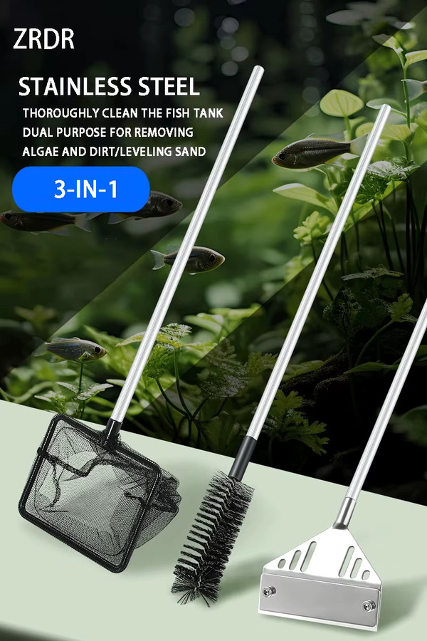 ZRDR Drei-in-Eins Aquarium-Algenentferner Set aus Edelstahl in Silber mit Netzbeutel, Reinigungsbürste und Flachbürste - Bild 3