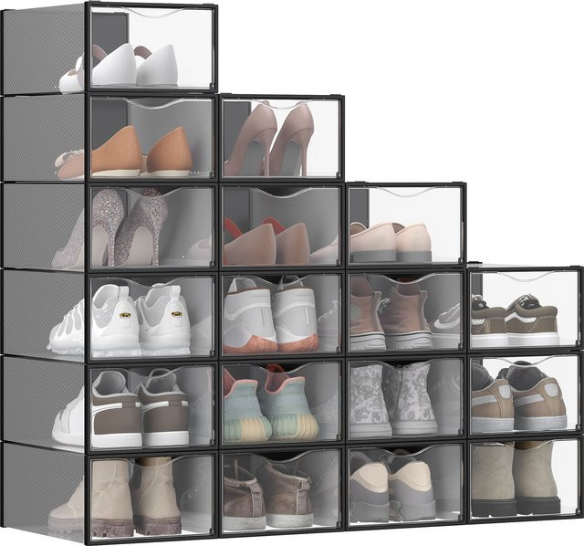 SONGMICS Schuhboxen Set aus Kunststoff mit Tür, transparent und schwarz, 18er Set, stapelbar - Bild 1