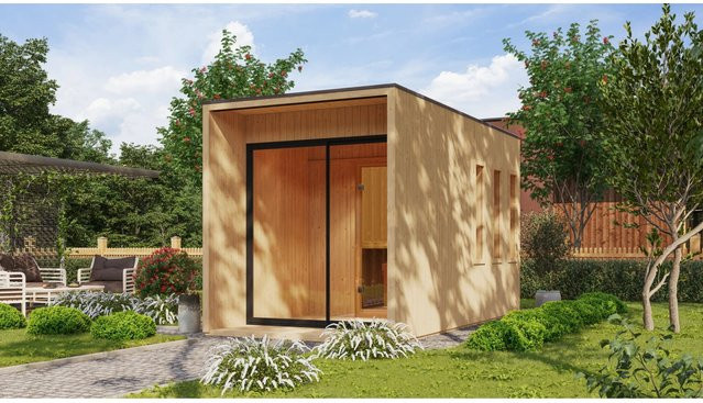 Karibu Saunahaus Cancun aus nordischer Fichte in Naturbelassen/Brown mit 9 kW Ofen und externer Steuerung - Bild 1