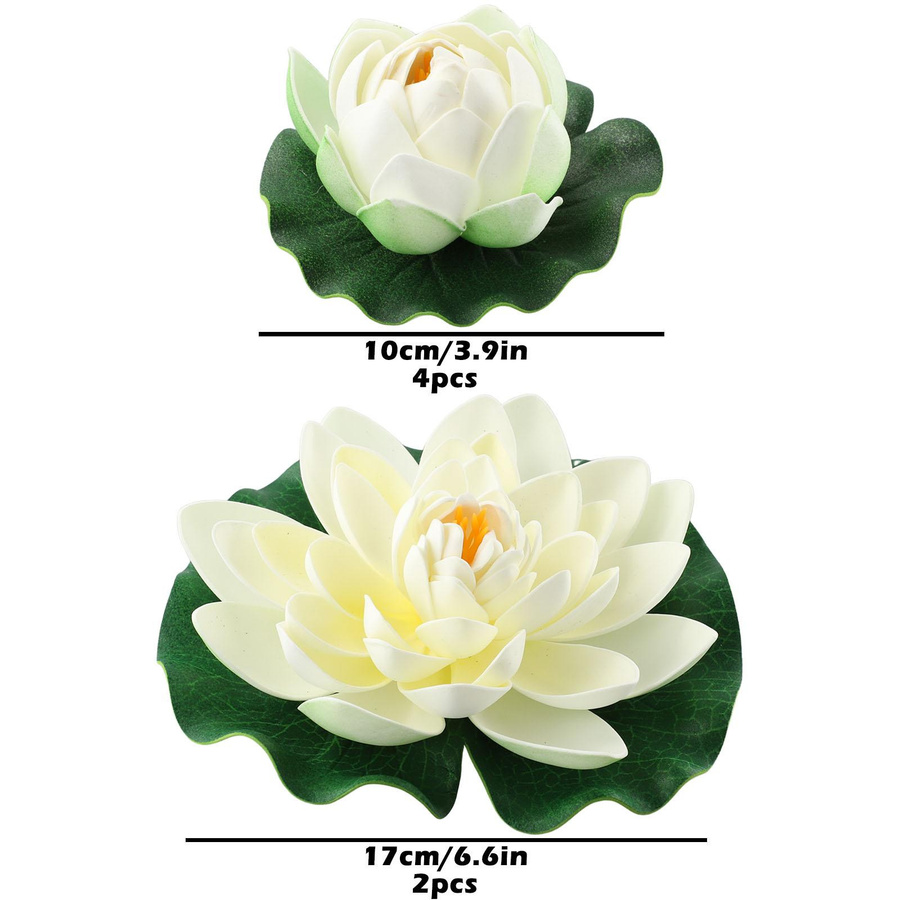 6er Set Künstliche Lotusblumen und Blätter in Weiß und Grün aus Kunststoff und Schaumstoff für Teich, Garten und Aquarium - Bild 3