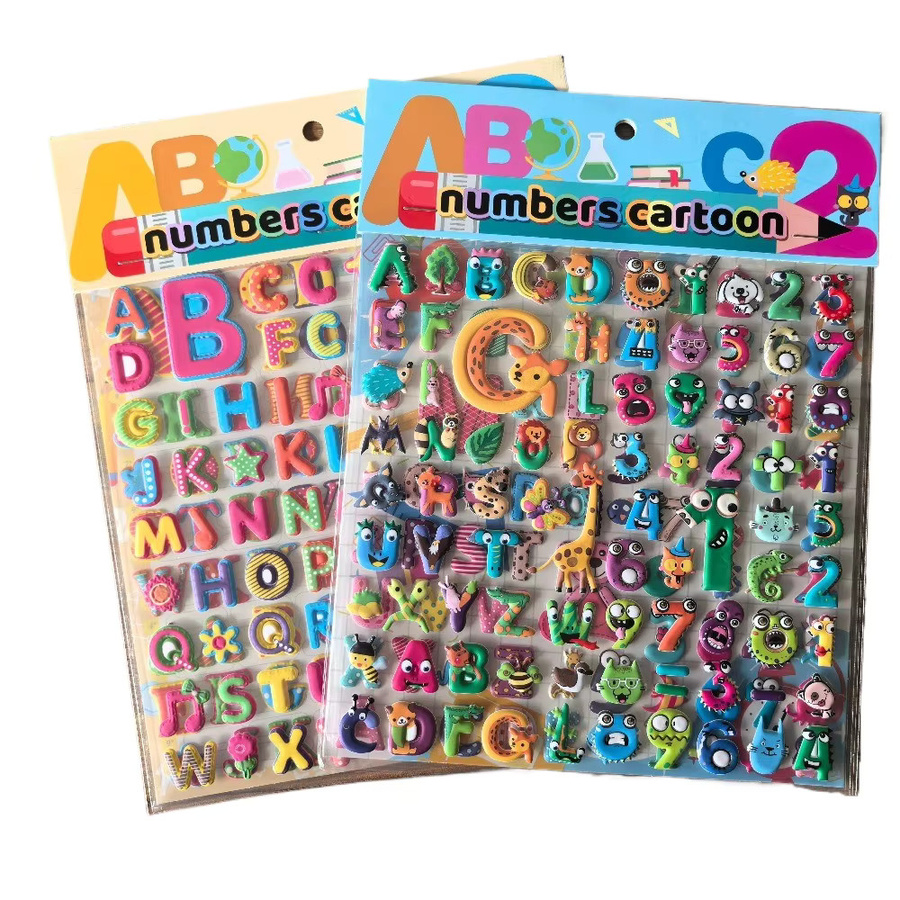 9er Set niedliche 3D-Schaumstoff-Aufkleber in verschiedenen Motiven wie Alphabet, Autos und Essen, mehrfarbig - Bild 1