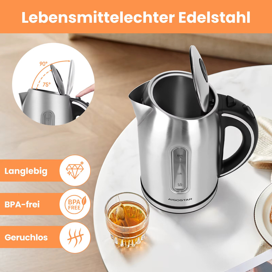 Aigostar Wasserkocher Edelstahl Silber, 1,7 l, 2200 Watt mit Kalkfilter und Abschaltautomatik - Bild 2