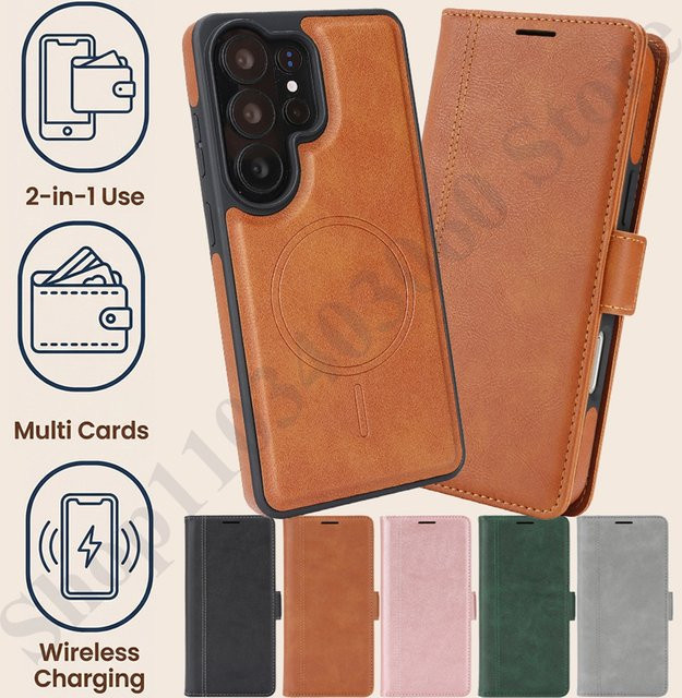 2-in-1 Magnetische Lederhülle für Samsung Galaxy S26 S25 Ultra S24 Plus S23 mit Kartenfach und kabelloser Ladefunktion in Pink oder Brown - Bild 1