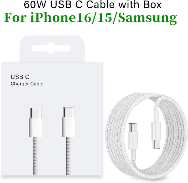 Tonsiny USB-C Schnellladekabel 60 W in Weiß für iPhone 16 15 Pro Max, Huawei, Xiaomi, Samsung und Google, geflochtenes Typ C Kabel - Bild 1