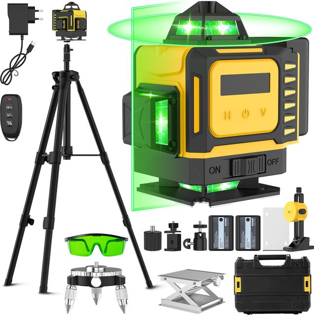GECOFEER 16-Linien 4D Grüner Laser-Nivellierer mit 360 Grad horizontaler und vertikaler Kreuzlinien-Messfunktion und magnetischer Wandhalterung in Grün und Gelb - Bild 1
