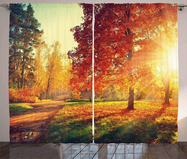 A Family Of Home Textiles 3D-Vorhang mit Herbstwald-Sonnenuntergang-Motiv aus Polyester, 2er-Set, Mehrfarbig, Breite: 75 cm, Höhe: 166 cm - Bild 1