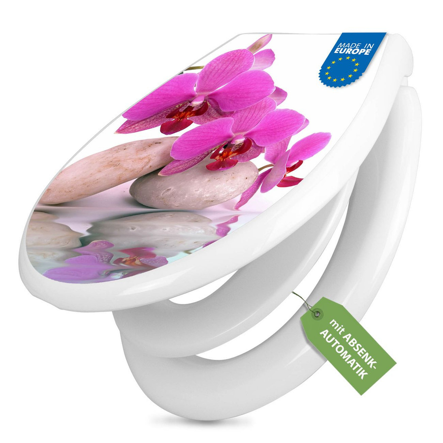Banjado Toilettendeckel O-Form mit Soft-Close und Kindersitz aus Duroplast in Weiß mit Orchideen-Motiv - Bild 1