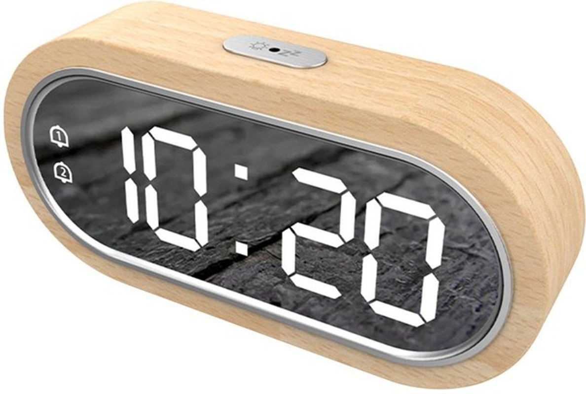 Tooarts Digitaluhr aus Buchenholz mit Thermometer, LED-Beleuchtung und Dual-Alarm in Braun, B/T/H: 17,15 x 8,15 x 3,8 cm - Bild 1