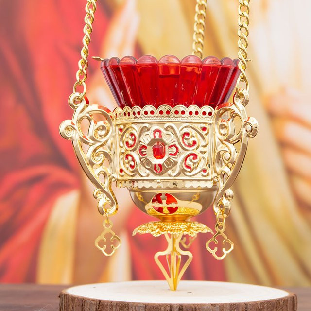 Hängende orientalische Öllampe für religiöse Zeremonien und Heimdekoration in Rot und Gold/Messing - Bild 1