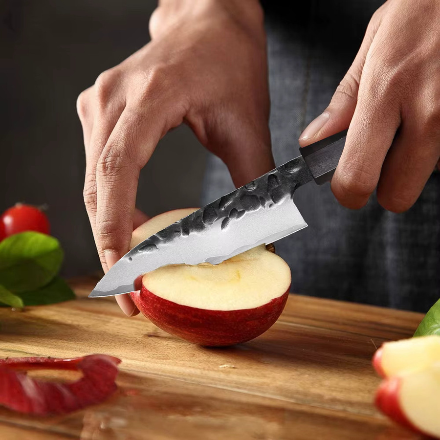 MOSTODOZO 4-Zoll Japanisches Schälmesser aus Verbundstahl und Edelstahl in Silber mit Holzgriff, Professionelles Allzweckmesser für Obst und die Küche - Bild 4