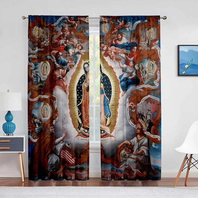 Yiran Furniture Transparente Vorhänge Liebe Frau von Guadalupe Mexikanische Heilige Jungfrau Maria mit Floralem Muster, 2 Stück, B: 50 cm, H: 130 cm - Bild 1