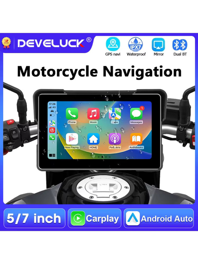 Develuck Motorrad-GPS-Navigationssystem mit Carplay und Android Auto, 5/7 Zoll Touchscreen, Dual-Bluetooth, IPX7 Wasserdicht, Schwarz - Bild 6