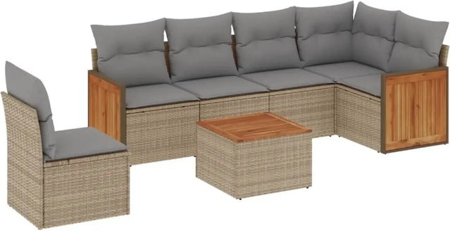 vidaXL 7-teilige Garten-Sofagarnitur in L-Form aus Poly-Rattan und Akazienholz mit Kissen in Beige und Grau - Bild 1