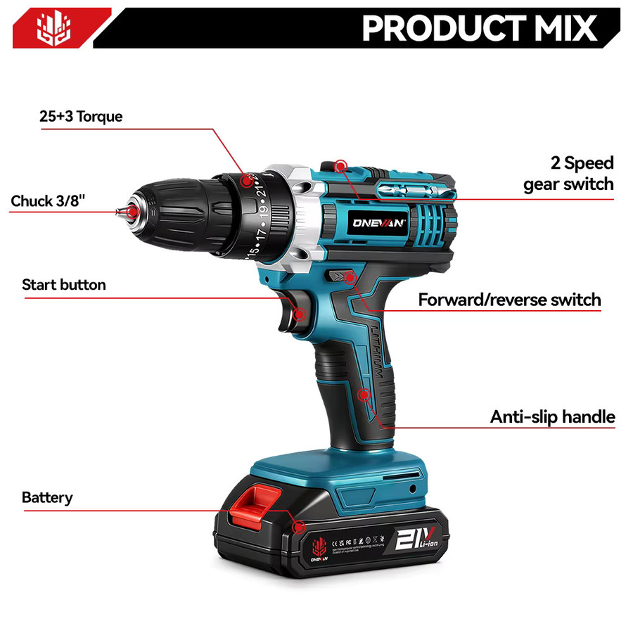 ONEVAN Akku-Schlagbohrmaschine mit 25+3 Drehmoment-Stufen, kabelloses Elektrowerkzeug in Blau, kompatibel mit Makita 18V LXT Akkus - Bild 2