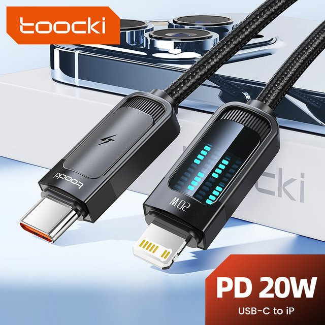 Toocki USB-C auf Lightning Schnellladekabel mit Digitalanzeige und 20W PD-Leistung für iPhone und iPad, Schwarz oder Blau - Bild 1