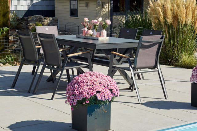 Hartman Xanadu Aruba Garten-Essgruppe aus Aluminium und Teak mit Glaskeramik-Tischplatte und 6 Dining Sesseln in Xerix/Natur, ausziehbar, B/T: 160 x 100 cm bis 220 x 100 cm - Bild 1