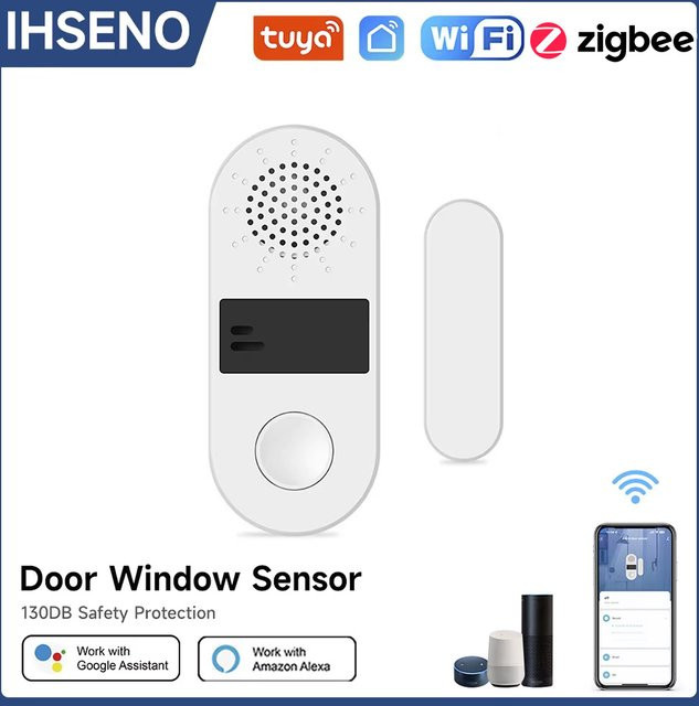 Tuya Smart Tür und Fenster Sensor mit 130dB Alarm in Weiß via Wifi oder Zigbee für SmartLife App und Alexa - Bild 1